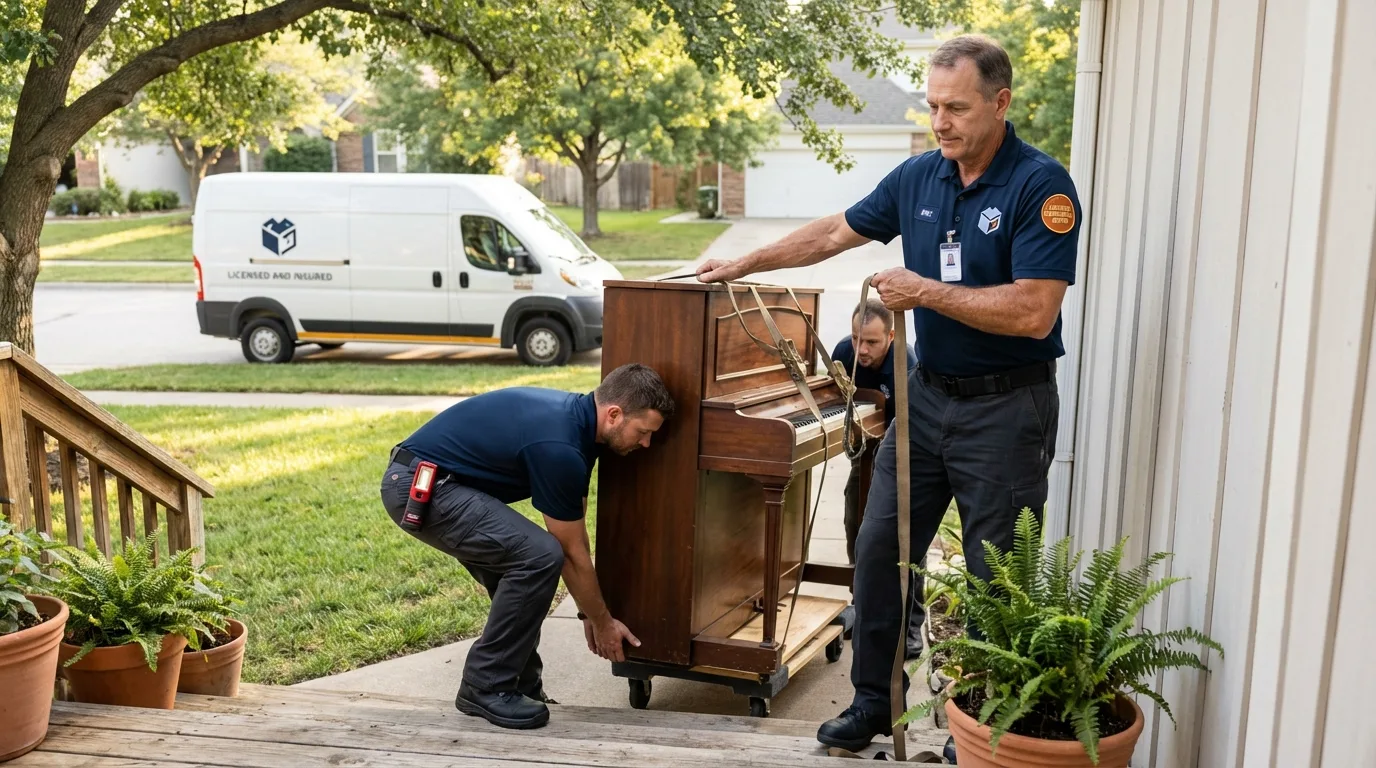 Licensed piano movers securing grand piano in Woodburn, OR