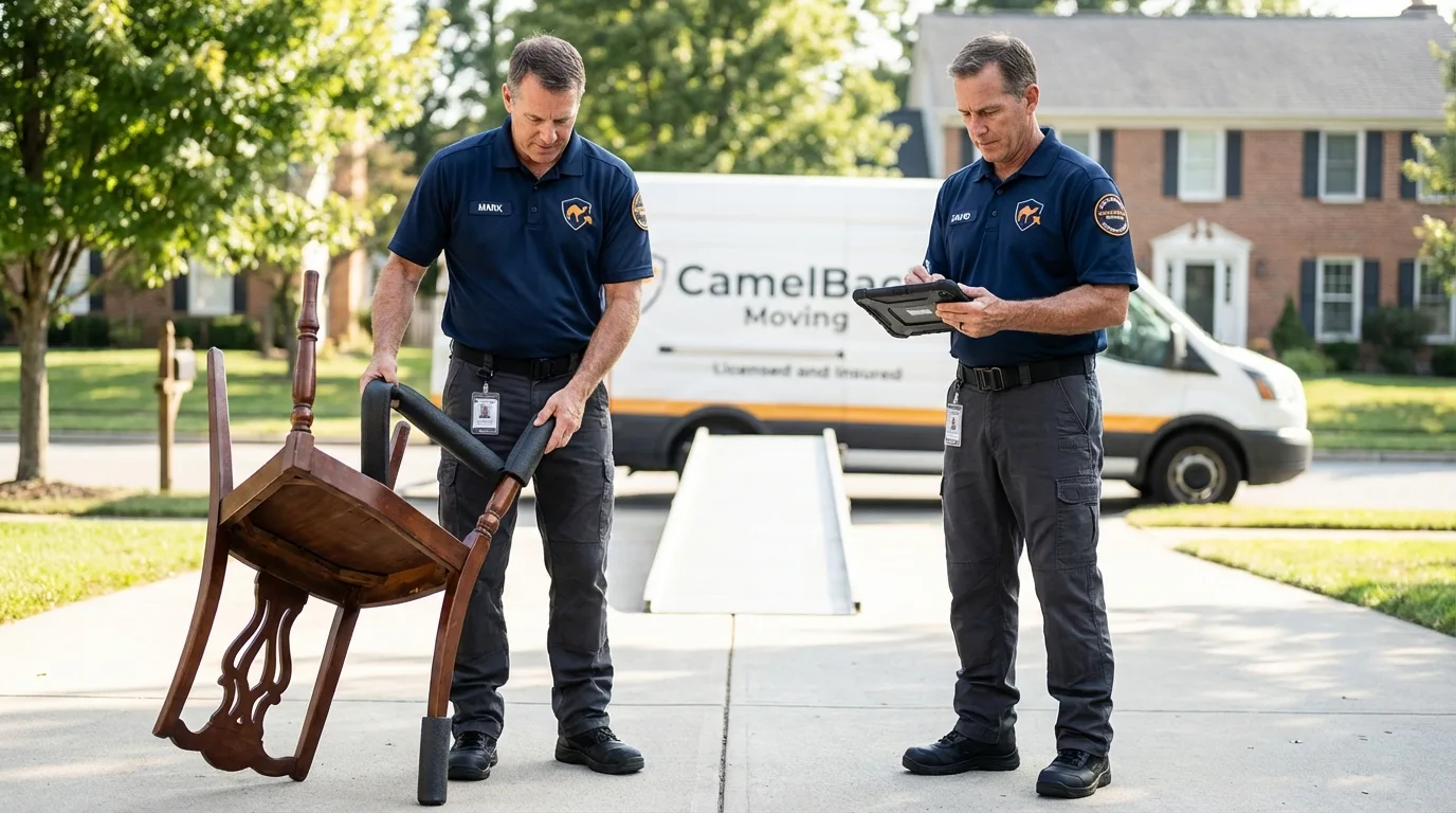Movers inspecting furniture for damage prevention before loading in Woodburn, OR