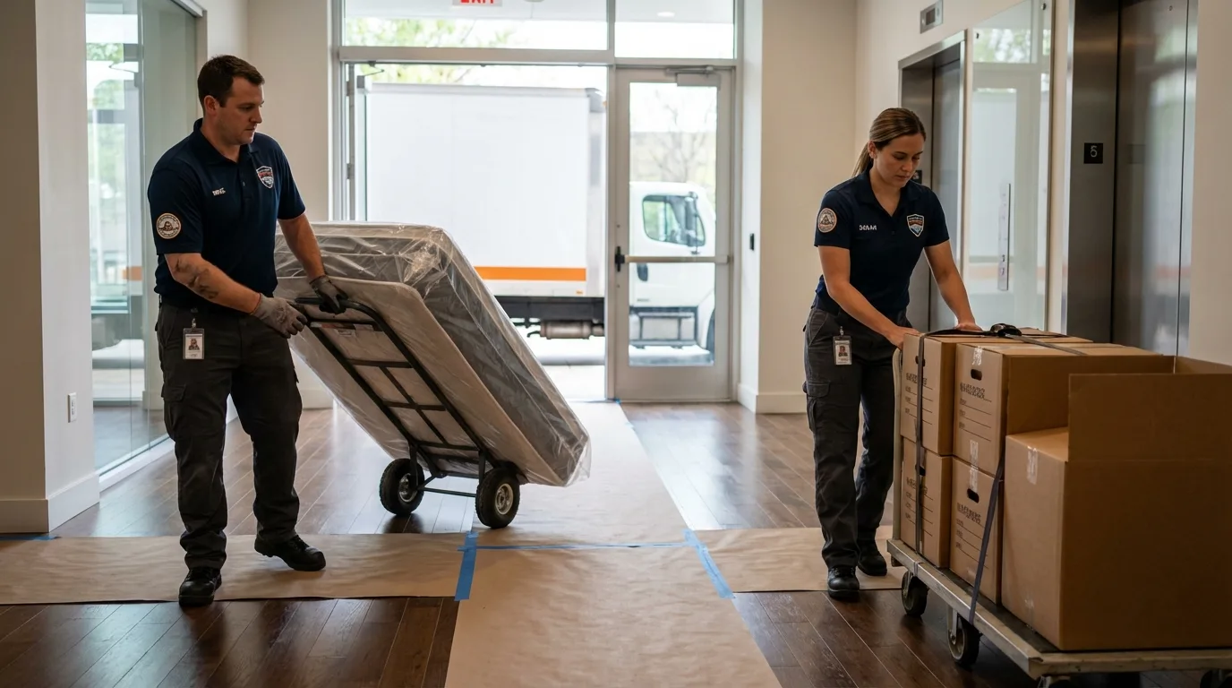 Professional apartment movers loading elevator in Woodburn, OR